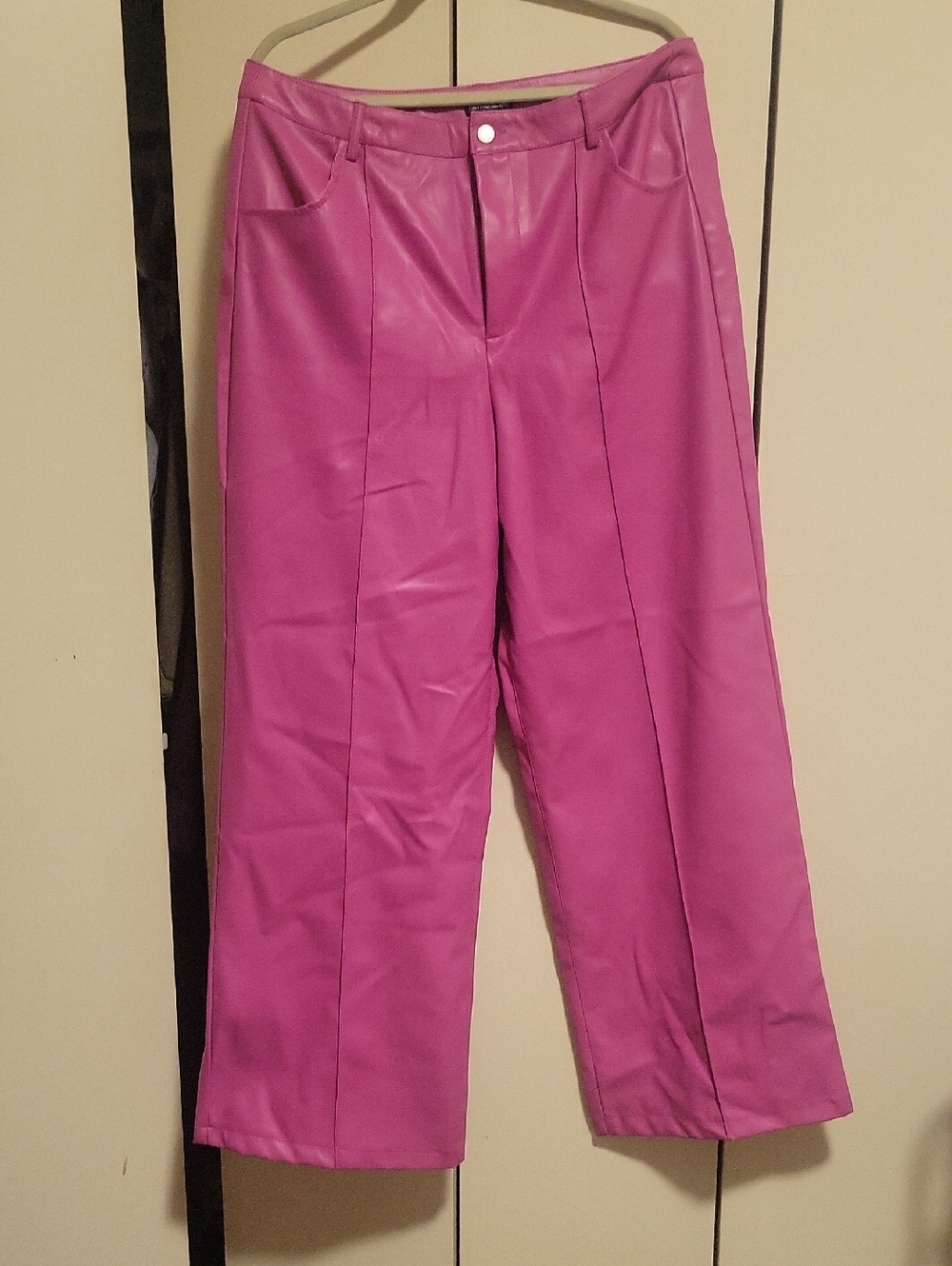 Bright Pink Wide-Leg Faux Leather Pants for Women